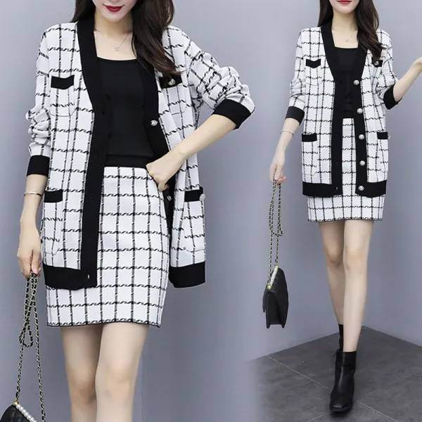 Okseller1 럭셔리 숙녀 정장세트 체크 가디건x미니스커트 세트