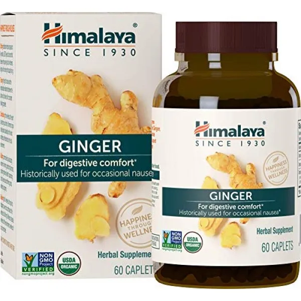 Himalaya Organic Ginger 메스꺼움 가스 및 간헐적 배탈을위한 소화기 완화 보충제 820 mg 60 정 2 개월 분 H