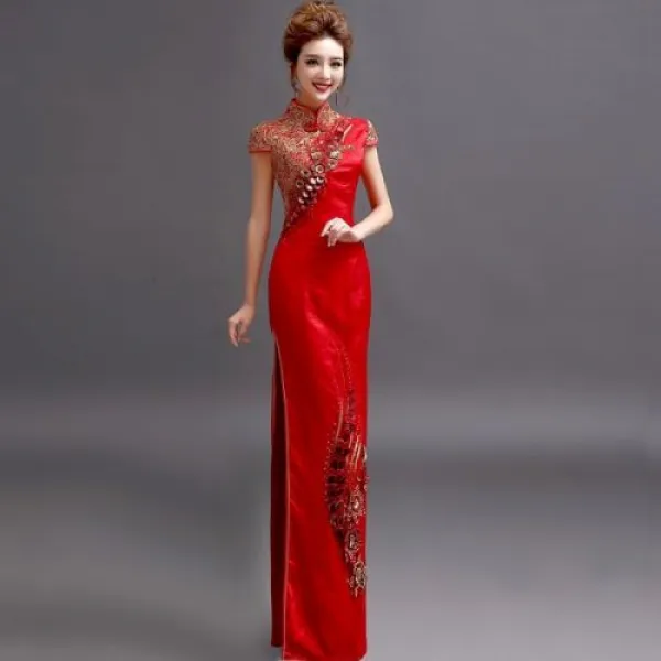 [해외] 신부 짧은 소매 새틴 CHEONGSAM 현 어 번체 웨딩 드레스 QIPAO 플러스 크기 여성 류 긴 드레스 저녁