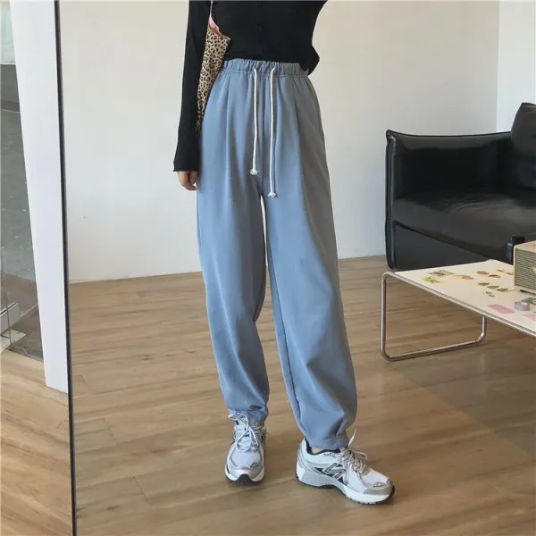 MUZI 가을 뺄셈 코디 하이웨스트 드로스트링 한참이나 혼란 입와이드 루즈핏 캐주얼바지 여성 긴바지 벌룬팬츠 츄리닝바지