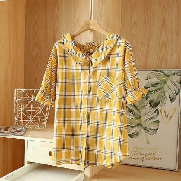 가온 반팔 체크 블라우스 여 여름 셔츠 얇은 인형 넥 프렌치 탑 디자인 소중 경량 숙모 룩