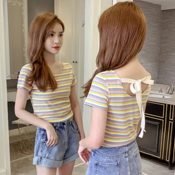 여성 슬림핏 스트라이프 라운드넥 반팔 티셔츠 2021 여름 한국어 버전 고삐 나비 넥타