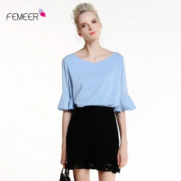 동빠몰 FEMEER 봄 여름 스타일리시 페플럼 5부 나팔소매 와이드 루즈핏 빅 넥