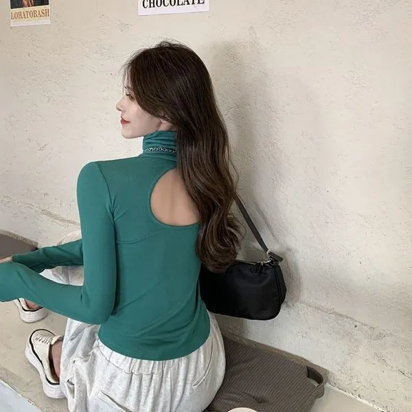 터트넥 목폴라 긴팔 뒤트임 백포인트 섹시 슬림 티셔츠