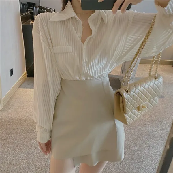 2335 트렌디 구덩이 벨벳 블라우스 백 힙 하이 허리 불규칙 가죽 스커트
