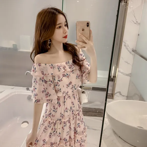 패션이루 플라워 쉬폰 오프숄더 롱 원피스 여성 여름 반팔 프릴