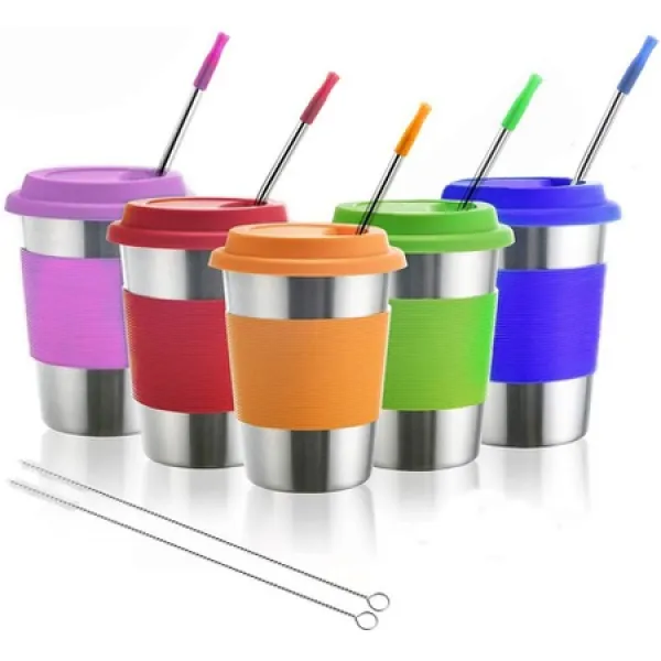 JESS Kids 스테인리스 스틸 컵 실리콘 뚜껑 및 슬리브가있는 금속 음료수 잔 및 빨대 BPA-Free BPA-Free, 상세 설명 참조0, 한 가지 색