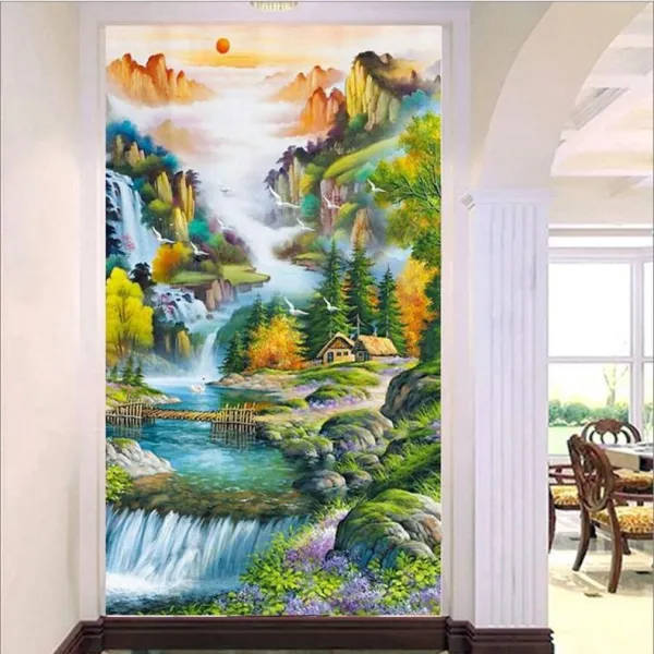 가온나래 산 속 흐르는 물 풍경 전체보석십자수 집에서취미, 90x140cm