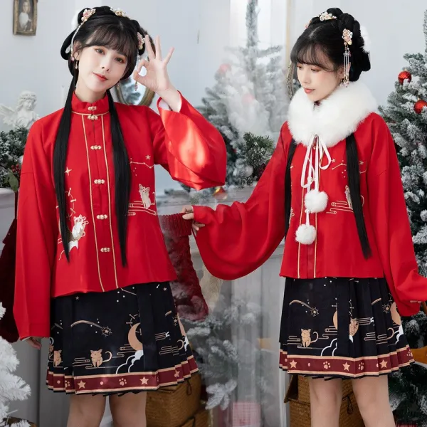 푸른상점 여세트 5660 야옹장 국풍 명제 꽃자수 스탠딩카라 대칭 앞자락 원턱 양식 백첩 미니 스커트 원소 중국한복