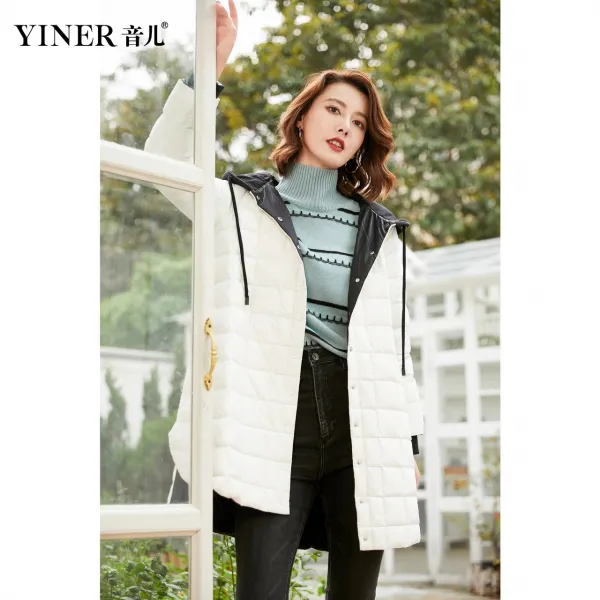 여성롱패딩 YINER여성패션 2019겨울 뉴타입 유행패션 체크무늬 미들롱타입 글자 후드패딩