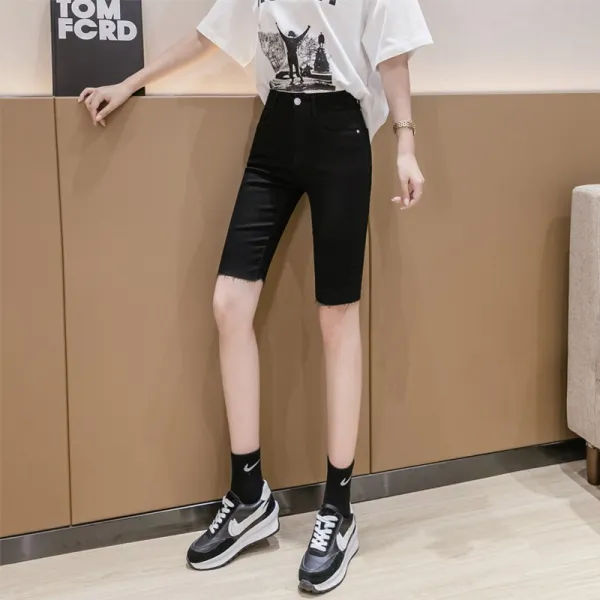 양 멱 동 데님 카고 여 5부 하이 웨이스트 스판 날씬해 보이는 털 끝 반바지 라이더 팬츠 이른봄
