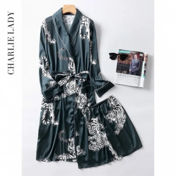 Suihan 가운남봄가을 아이스 가운잠옷 세트 라지 실크 여름 남성 잠옷