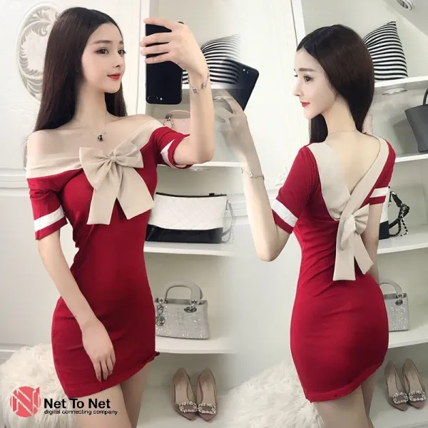 도깨비몰 여성 여름 오프숄더 리본 섹시글램 타이트 미니원피스 홀복 클럽룩 569280484707