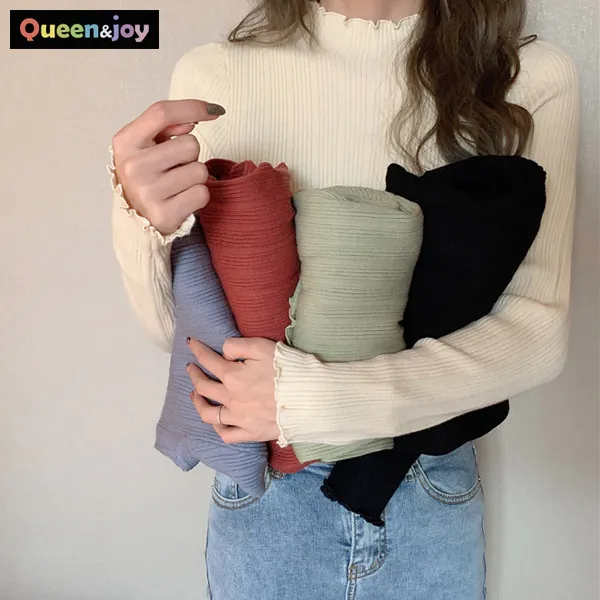 퀸앤조이 슬림 물결 하프넥 긴팔티 긴팔 티셔츠