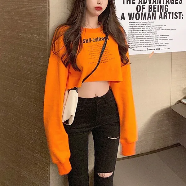 마이드림 여성 가을 겨울 레터링 디자인 라운드넥 크롭티 기모 긴소매 T 라운드 넥 긴 소매