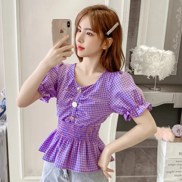 쉬폰블라우스 2020여름신상 치마꼬리 작은셔츠 허리조임 유럽풍 체크셔츠 의류여성 감각디자인 스퀘어칼라 짧은소매 겉옷
