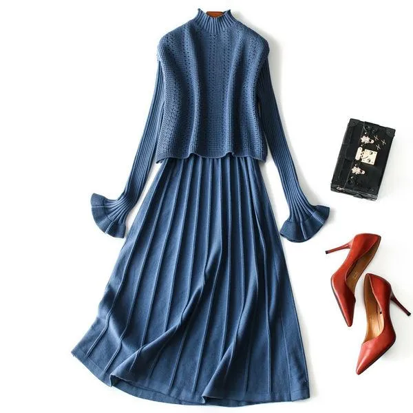  과대포장 여성 니트 드레스 2019 가을 겨울 플레어 소매 라인 스커트 투피스