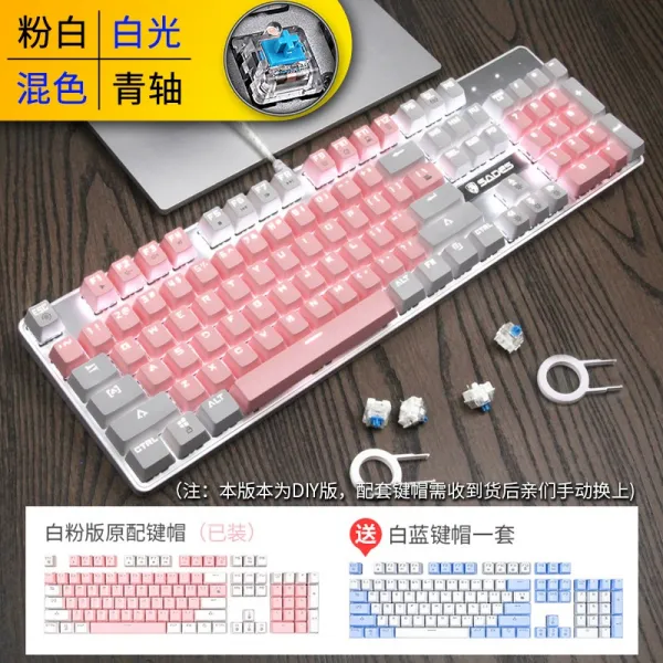기계식키보드 Lenovo구세주 y7000p유선 정음 백라이트 사무 필기노트 데스크탑컴퓨터 셀럽 게임, C01-공식모델, T14-핑크화이트 흰빛 104건 청축(증정블루 화이트버튼