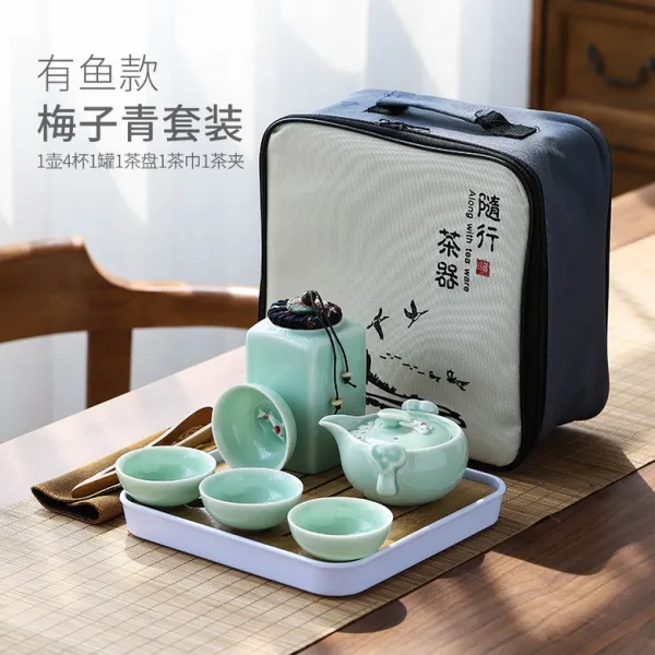 여행용 휴대용 4인용 물고기 찻잔 다도세트 2색상, D세트, 휴대용다기세트