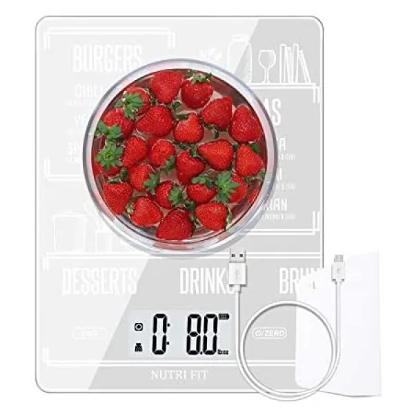 NUTRI FIT 고정밀 휴대용 및 용기 무게 조절 기능 11lb 5kg 제빵 및 조리 용 저울 화이트 PROD360000, 하얀, 상세 설명 참조0