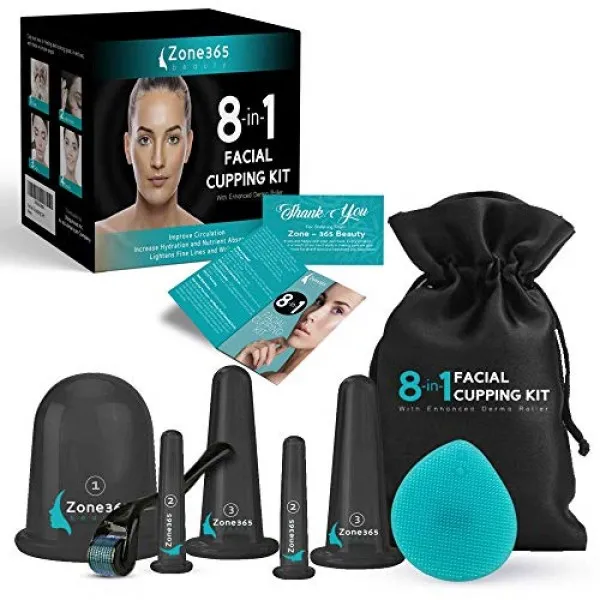 Zone - 365 ZONE-365 페이셜 커핑 세트; 즉각적인 노화 방지를위한 각질 제거 브러시 및 더마 롤러가 포함 된 얼굴 및 눈 키트, 단일상품