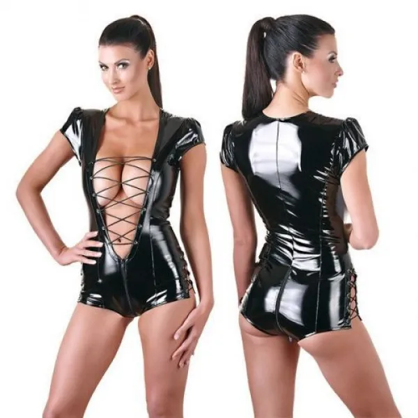 [해외] 섹시한 WETLOOK PU SCALY CATSUITS 폴 댄스 바디 수트 여성 폭락 목 짧은 소매 레이스 섹시한 레오타드 반짝 이는 짧은 JUMPSUITS