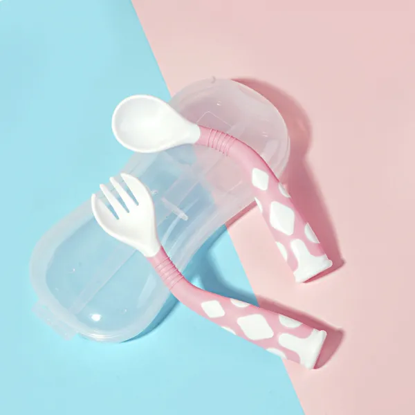 [해외 직송]HY 훈련 배운 술 밥을 먹는 아기 영아와 어린이 포크 한살 반 아이들 휘어지는 짧은 그릇 이유식 스푼 포크 엘보 QH42 A15, 핑크