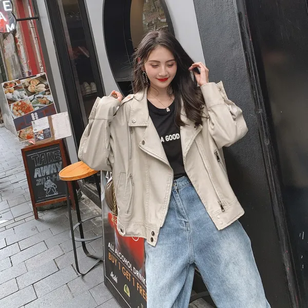 Okseller1 셀럽 데일리룩 크림 가죽재킷