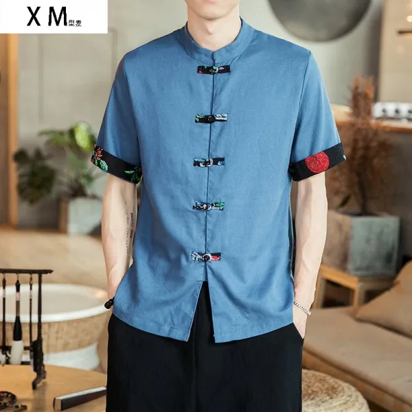 타이 남 상의 루즈 에스닉 한복 개량판 현대적 여밈 저고리 내국인 셔츠 80년, 피코크블루