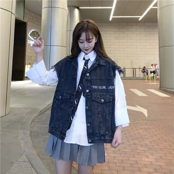 K직구 실사~알파벳자수루즈핏구청조끼코트여봄나시슬림베스트