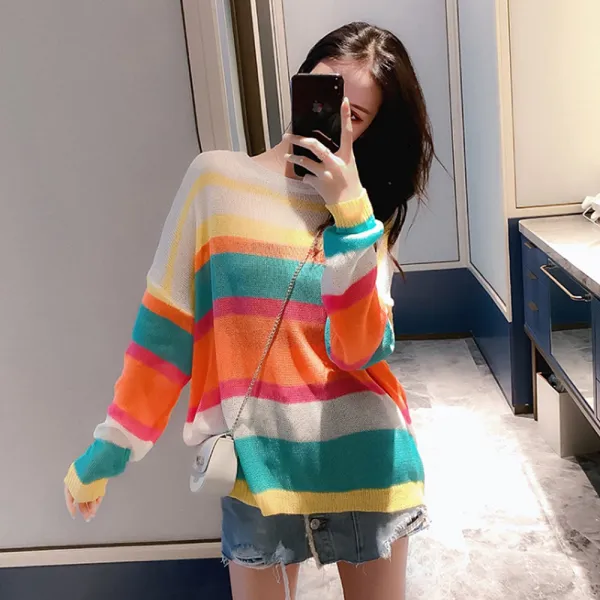  제로의옷장 무지개 단가라 긴팔 니트티 Bd0906l14