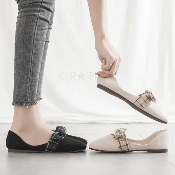Kirahosi 여성 단화 체크 리본 사각코 스웨이드 플랫슈즈 + 덧신 증정 W1shkfx