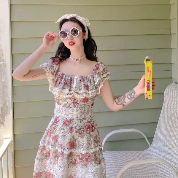 케이엠커머스 쉬폰프릴스커트 기슭과 진 손수 장미가루 이중사용 섹시 여름 작은 짧다 첫사랑 플라워원피스