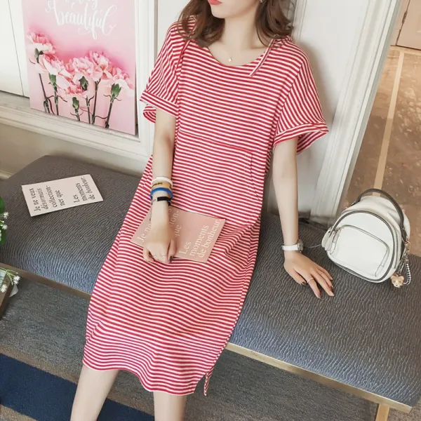 패션이루 후드 스트라이프 면 원피스 캐주얼 루즈핏 여름 반팔