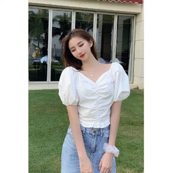 무생채 퍼프소매 브이넥 티셔츠 여름 라지 사이즈 여장 디자인 쁘띠 셔링 브이