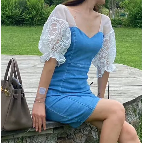 데님원피스 유랑연예인 2020여름시즌 허리조임 벌룬소매 수공 비딩장식 데님 망사 여성원피스