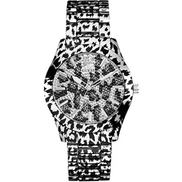 Guess u0001l1&?쀣꺁?녈궧??깋;Animal Print with Glitz액센트 다이얼 동물 인쇄Polished스틸 팔찌 여성 시계 새롭다