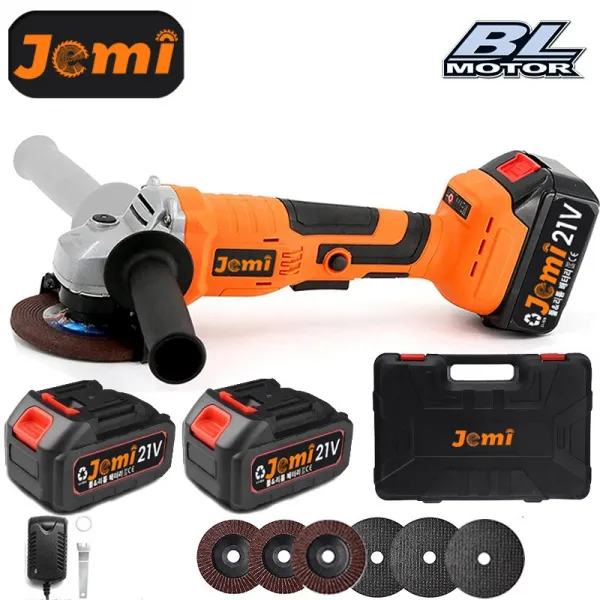 Jemi 코드리스 각도 그라인더 21V 리튬 배터리 각도 그라인더 코드리스 브러시리스 모터 125mm 휠 직경 및 8000RPM 속도, 2x 배터리, 플라스틱 상자