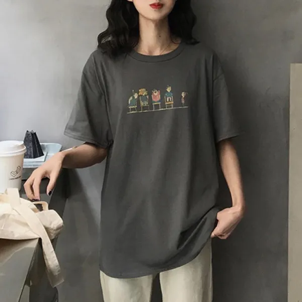 여자 여름 대학생 프린트 박스티 오버핏 반팔 티셔츠Wzcdsku kirahosi 티셔츠 + 덧신 증정 Wzcdsku