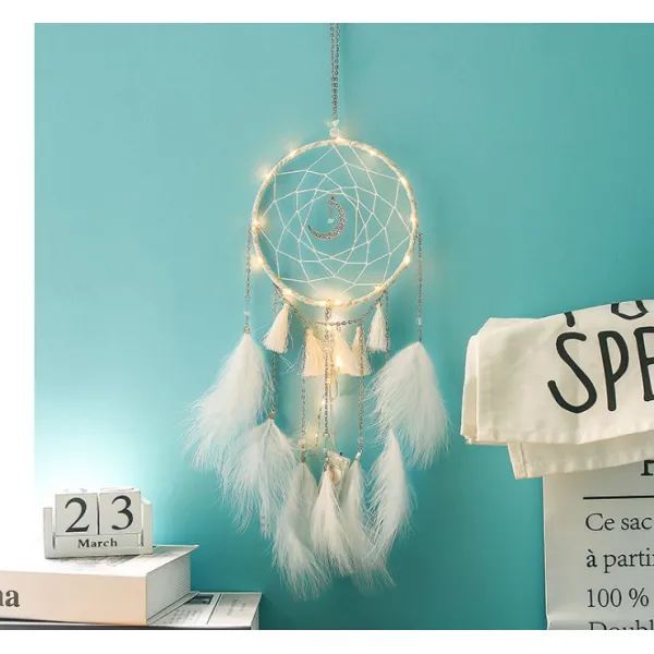 드림캐쳐 드림캐처 깃털 풍경 걸이식장식 가구 실내 인테리어 거는장식 창의적 공중 장식품 등장식 선물 T18 화이트 달모양 라이트내재 타입+사은품