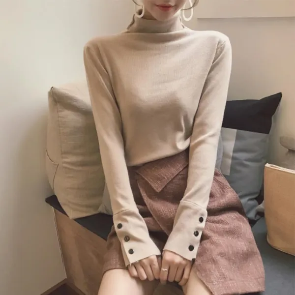 썸룩 소매단추 목폴라 여성니트 목티