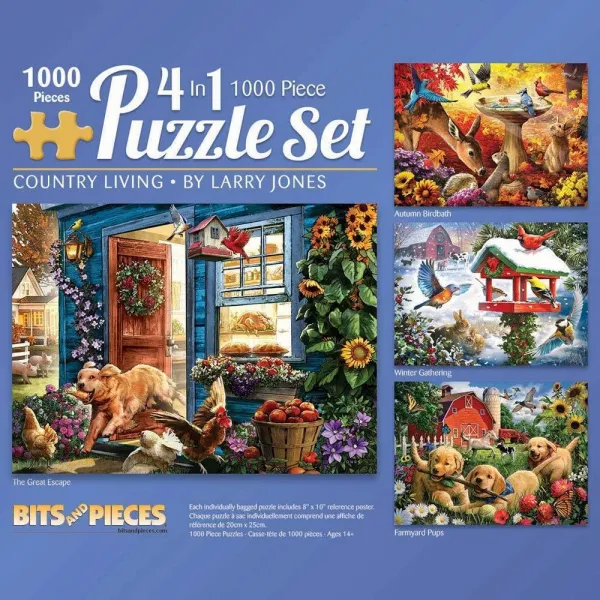 [수입] Bits and Pieces-1000피스 직소 퍼즐 성인용-컨트리 리빙 4-in-1 포 1000pc 퍼즐 가을꽃 겨울새 눈토끼 헛간 농장견 휴일 직소, 상세참조, 상세참조