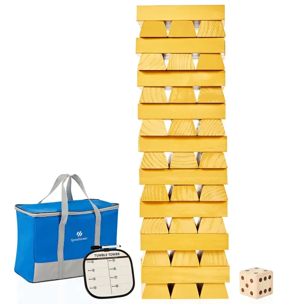 Speedarmis 5ft 거 대 한 텀블러 타워 54pcs 디럭스 크기 골드 스프레이 페인트 사다리꼴 블록 아이들을위한 사다리꼴 블록 스태킹 게임 성인 가족 소나무 나무 스택 목재 게임 1 주사위 세트 / 스코어 보드 / 운반 가방 상세페이지 참조 상세페이지 참조 상세페이지 참조
