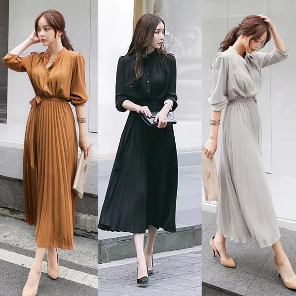 샵코드 링클 라운드넥 여성 롱원피스 OP-021