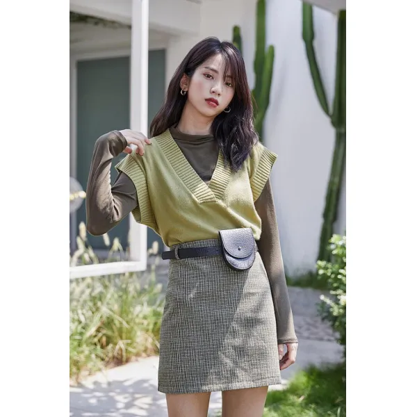아빈스토어 루즈핏 민소매 브이넥 솔리드 니트 베스트 여성 후드