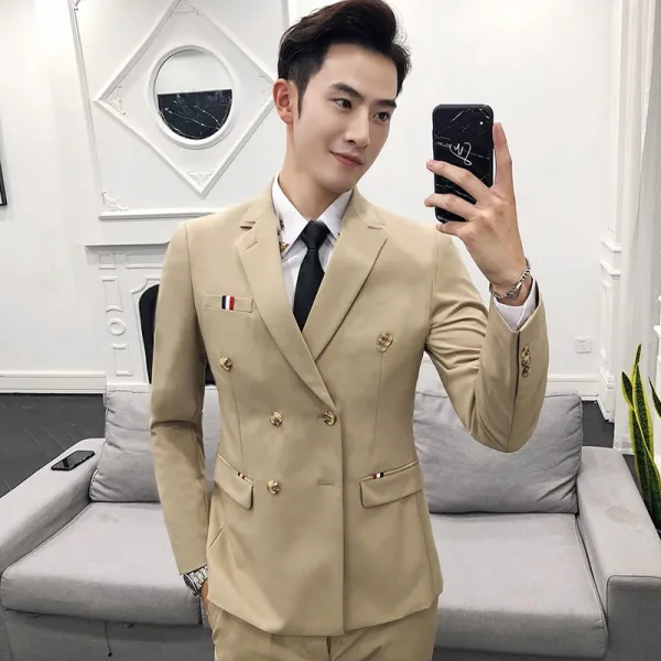 슬림 더블 브레스트 영국 스타일의 정장 사계절의 캐주얼 작은 정장 재킷 투피스 남성 한국어 버전, 카키 긴 소매 (싱글 슈트)