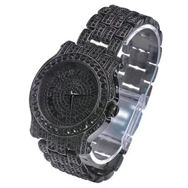 빙글 빙글 제트 블랙 시계 모의 실험용 다이아몬드 WM 7341 BK Iced Bling