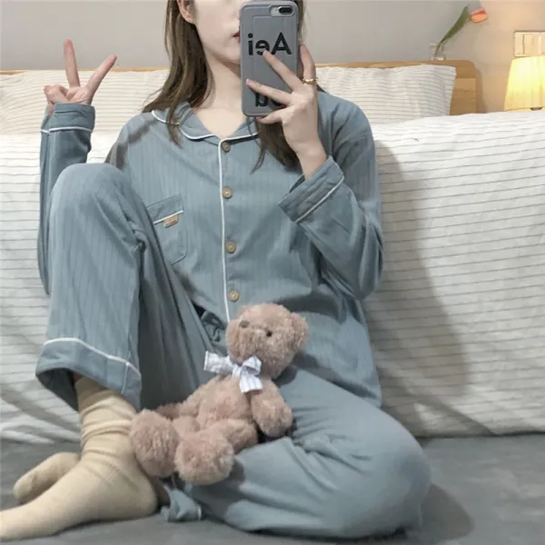 차이나 브릿지 긴팔 파자마 잠옷가디건 귀신 말은 노인정 매매 나 여성 가을 면 소매 긴바지 룩 캐쥬얼 실내복 홈웨어