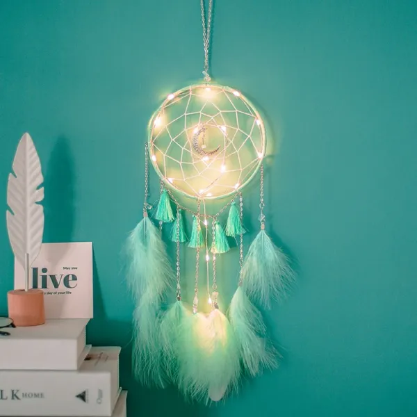 드림캐쳐 드림캐처 깃털 풍경 걸이식장식 가구 실내 인테리어 거는장식 창의적 공중 장식품 등장식 선물 T10 그린 달모양 라이트내재 타입+사은품