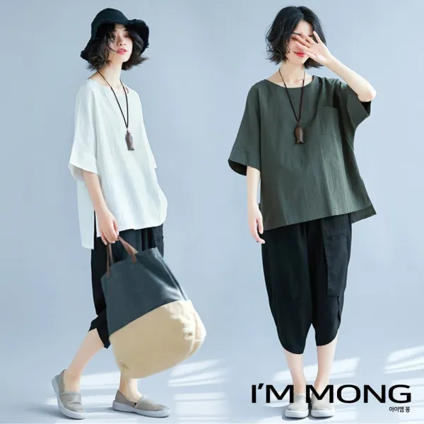 아이엠몽 여성 빅사이즈 라운드넥 루즈핏 여름 린넨 블라우스 Bb223219yh 블라우스